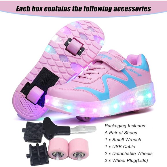 Kids Pink 3 Usb Chargeable Led Light Up Wheeled Skate Sneaker Shoes - Picture 3 of 6